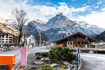 Holiday in Switzerland - Beautiful foggy view of winter landscape towards Engelberg, Switzerland