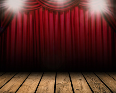 blank stage with shining flash light and red curtain background
