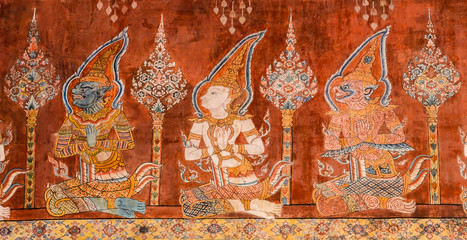 Ancient Buddhist temple mural painting in Thailand