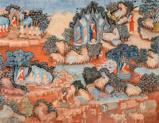 Ancient Buddhist temple mural painting of the life of Buddha in Thailand © boonsom