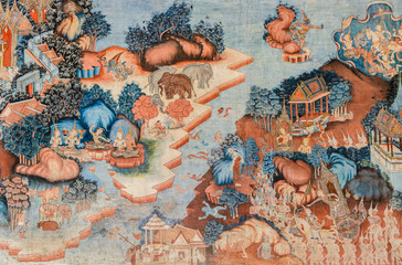 Ancient Buddhist temple mural painting of the life of Buddha in Thailand © boonsom