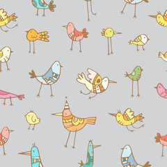 Seamless pattern with cute cartoon colorful birds on gray  background. Vector contour image. Doodle style.
