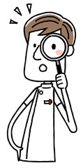 看護師の男性：　虫眼鏡で覗く

