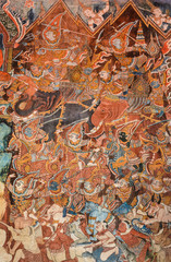 Ancient Buddhist temple mural painting in Thailand