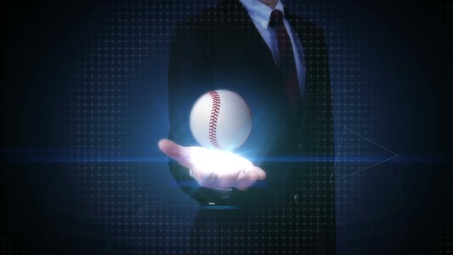 Businessman open palm, floating baseball, boll  