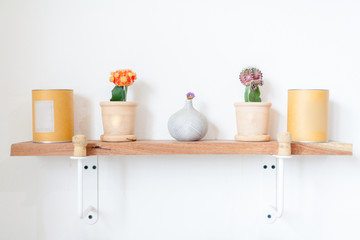 Fototapeta na wymiar flowers and cup on a white wall shelf