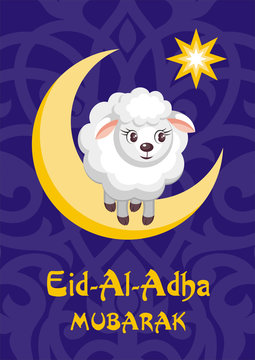 Eid al-Adha greeting card with the image of the sacrificial lamb and Crescent