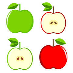 Green and red apples set - whole and half of fruit