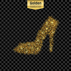 Gold glitter vector icon of right shoe isolated on background. Art creative concept illustration for web, glow light confetti, bright sequins, sparkle tinsel, abstract bling, shimmer dust, foil.