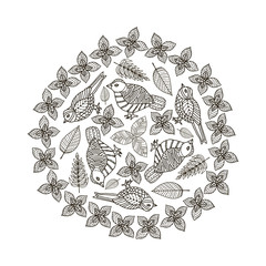 Hand drawn  birds and leaves circle background. Black and white.