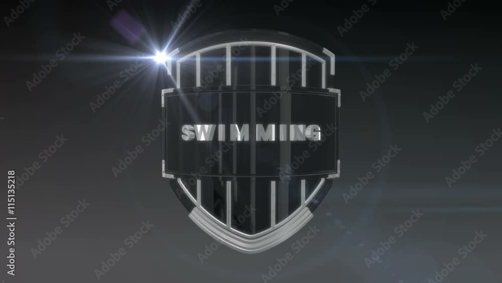 Poster seamless looping 3d animation of the word swimming on a shield – chrome version; including alpha mat