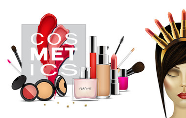 Set of colorful cosmetic products. Beauty and fashion background.