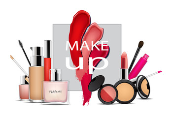 Set of colorful cosmetic products. Beauty and fashion background.