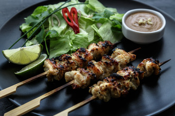 chicken satay with peanut sauce, indonesian skewer food, close view