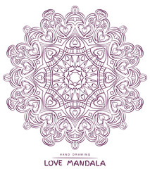 Vector mandala for coloring with valentines decorative elements.