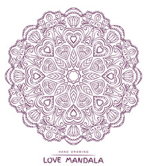 Vector mandala for coloring with valentines decorative elements.