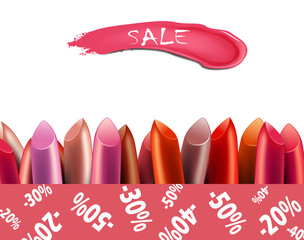 Set of colorful lipsticks on white background. Sale poster.