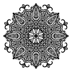 Round element for coloring book. Black and white ethnic henna pattern. Floral mandala.Black and white pattern. Ethnic henna hand drawn background for coloring book, textile or wrapping.