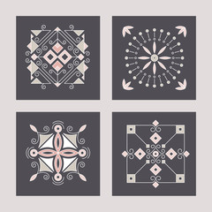 Geometric abstract square icons. Set of four logo templates. Ornamental vector symbols. Graphic Design Collection