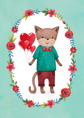 Watercolor illustration of a cute cat. Perfect for Valentine gre