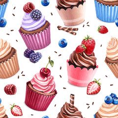 Cupcakes illustration. Seamless pattern