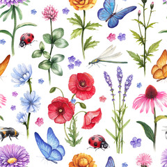 Panele Szklane Podświetlane  Dzikie kwiaty i ilustracje owadów. Akwarela letni wzór