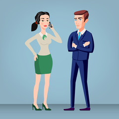 Colored flat design style illustration of business people - man and woman - dressed in suits. Isolated on stylish background. For infographics, banners and printed materials. vector