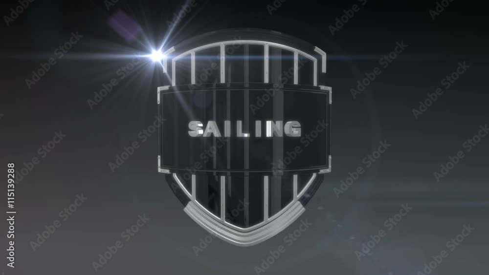 Poster seamless looping 3d animation of the word sailing on a shield – chrome version; including alpha matt