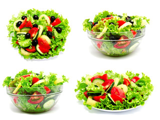 Collection of photos fresh vegetable salad isolated