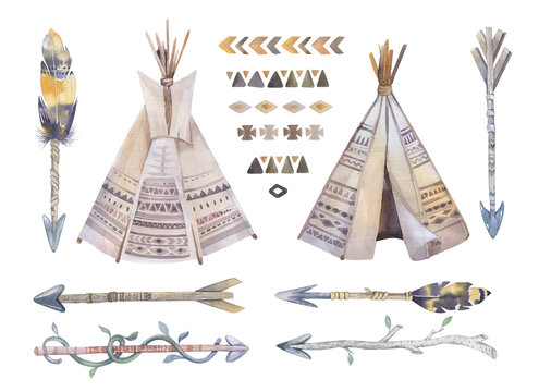 Watercolor teepee, arrows, fearhers and tomahawk. Boho america  