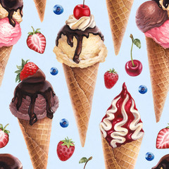 Watercolor illustration of ice cream. Seamless pattern