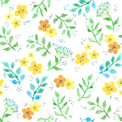 Flowers, wild grass. Cute ditsy repeating pattern. Watercolor