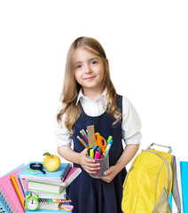 Schoolgirl with school supplies isolated.