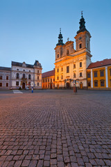 Church in the main square of Uherske Hradiste early in the morning.