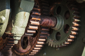 Old rusted green gears, close-up photo