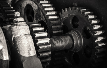 Obraz na płótnie Canvas Old rusted gears, close-up black and white