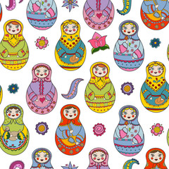Vector seamless pattern with russian Matryoshka dolls and floral elements