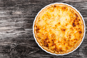 French onion quiche  or pie in a gratin dish