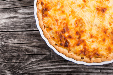 French onion quiche  or pie in a gratin dish