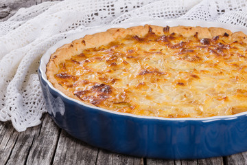 French onion quiche  or pie in a gratin dish