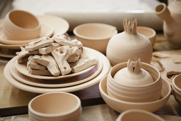 Fototapeta na wymiar Roasted ceramic products without glaze closeup