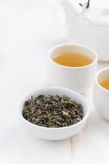 teapot and cups of green tea on a white wooden background