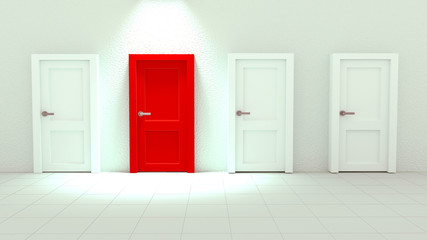 3d Rendering of Close up Red Single Door among White Doors