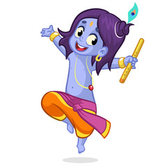 Little cartoon Krishna dancing with a flute. Greeting card for Krishna birthday. Vector illustration isolated on a white background.