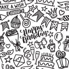 Happy birthday lettering and doodle seamless pattern