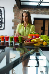 Healthy Eating Beautiful Woman With Fresh Juice Smoothie Indoors