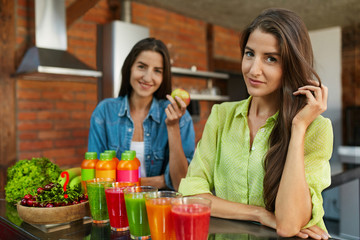 Healthy Women On Diet Nutrition With Detox Juice, Smoothie Drink