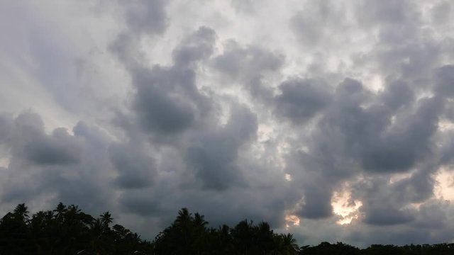 A time lapse video showing movement and transformation of cumulus clouds above palm tree silhouettes in Camotes Island, 