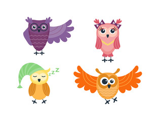 Cute vector funny cartoon owls. Animal character cartoon owl comic funny collection. Doodle cheerful bird cartoon owl. Adorable different owl various expression bird