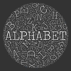 Alphabet circle theme with letter pattern on the background. Light vector letters with highlighted word Alphabet in typewriter font on dark grey background.